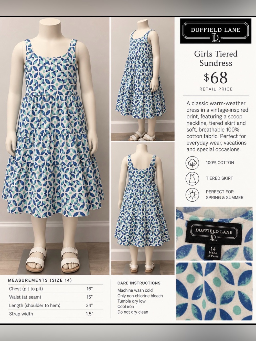 Duffield Lane Girl’s Blue and Teal Printed Sleeveless Tiered Dress, Size 14